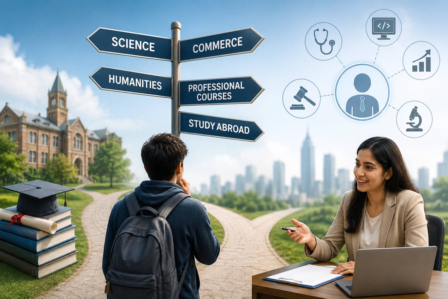 Student receiving professional career guidance to choose the right academic path and future career.